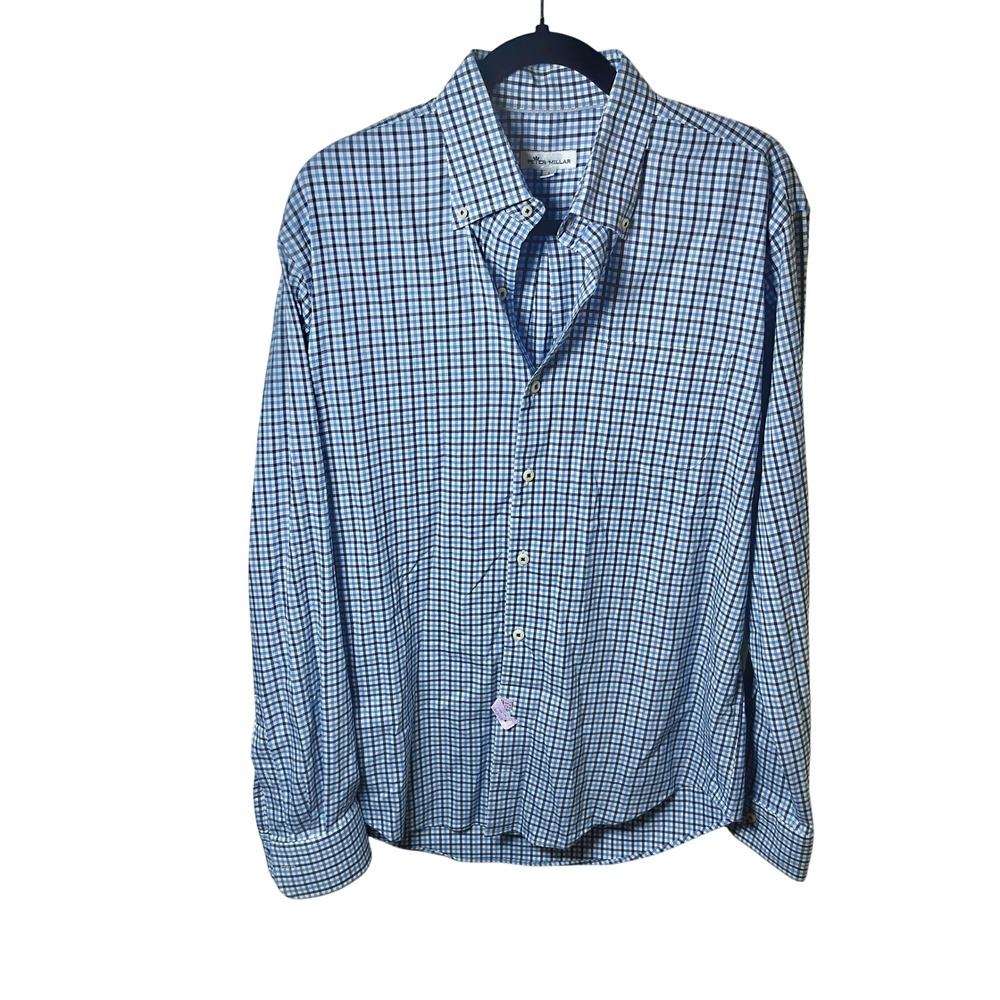 Peter Millar Mens Large Blue Gingham Check Button Down Long Sleeve Shirt L